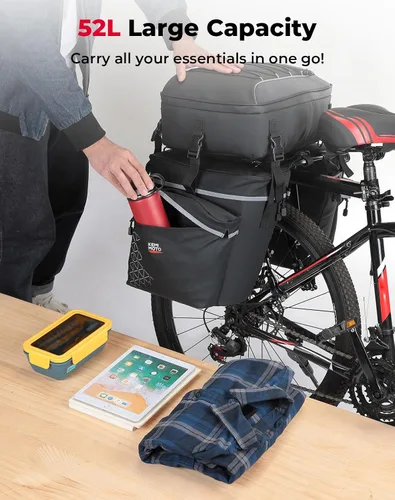 Vista 3 de KEMIMOTO Combo de alforjas de bicicleta 3 en 1, bolsa de comestibles para sillín de bicicleta con cubierta impermeable para lluvia, 52 L, gran