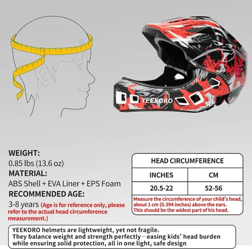 Vista 3 de Kids Bike Helmet with Chin Guard, Adjustable Full Face Helmet Negro-rojo