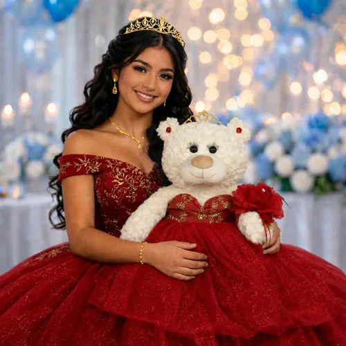 Vista 2 de KINNEX COLLECTIONS SINCE 1997 Centro de mesa grande de 20.0 in de oso de peluche de quinceañera, vestido elegante, regalo de recuerdo de gran