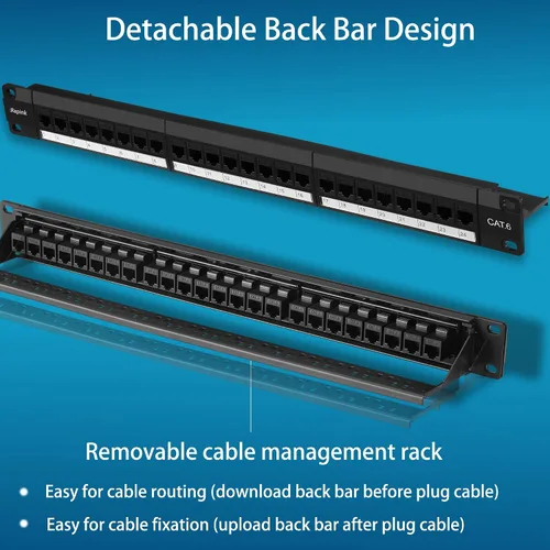 Vista 5 de Rapink Panel de conexión de 24 puertos Cat6 con soporte Keystone en línea 10G, panel de conexión con acoplador de paso UTP de 19 pulgadas con barra
