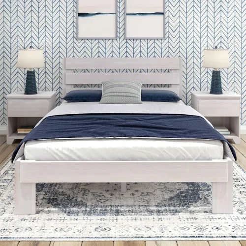 Vista 3 de Max & Lily - Cama Queen moderna de granja con cabecera de tablones, cama plataforma de madera de pino de Nueva Zelanda maciza, acabado blanco lavado