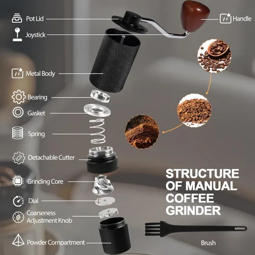 Vista 3 de Molinillo de café manual desmontable con rebabas cónicas de acero inoxidable de 25 niveles, molinillo portátil de grano de café de aluminio