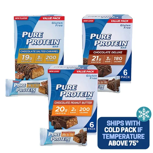 Vista 7 de Barras de proteína pura, chispas de chocolate masticable, chocolate de lujo, mantequilla de maní y chocolate, caja de 6-3 cajas, 1 caja de cada sabor