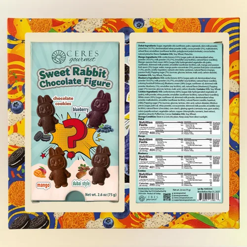 Vista 2 de Ceres Gourmet Surprise Dubai Barra de chocolate, 1 paquete de galletas misteriosas o chocolate de conejo dulce con sabor a mango, arándano