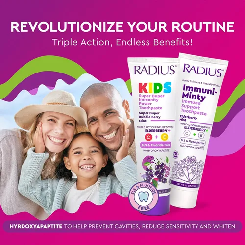 Vista 4 de Radius Pasta de dientes Super Duper Immunity Power para niños, 2.5 onzas, sabor a bayas y menta, paquete de 1