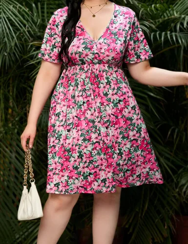 Vista 5 de ShopWonder Vestido de talla grande para mujer, con cuello en V, acampanado, largo hasta la rodilla, vestido de fiesta, minivestido de fiesta
