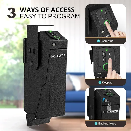 Vista 4 de HOLEWOR Caja fuerte para armas, caja fuerte biométrica para pistola desplegable para pistola, caja fuerte montada para pistola con huella digital