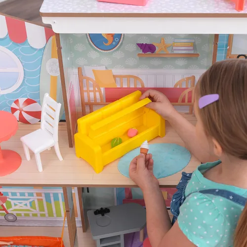 Vista 4 de KidKraft Ferris Wheel Fun Beach House - Casa de muñecas de madera con 19 accesorios y EZ Kraft Assembly™, regalo para mayores de 3 años