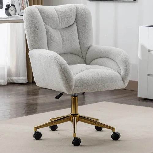 Vista 8 de Silla de escritorio de terciopelo suave cómoda con patas y ruedas de metal dorado, silla de oficina cómoda giratoria de 360 grados con altura Verde