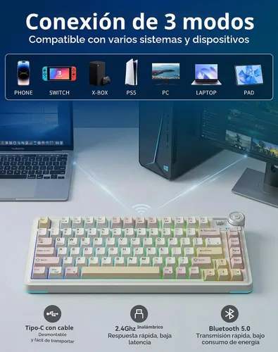 Vista 3 de Aula AU75 Teclado mecánico inalámbrico, teclado para juegos con junta de intercambio en caliente con perilla, BT/2.4G/teclado personalizado
