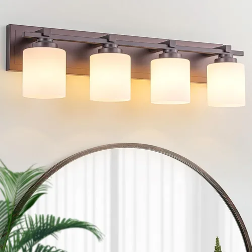 Vista 11 de 1 Luminaria Moderna de Baño sobre Espejo, Luces de Tocador Negro Dorado para Apliques de Pared de Baño con Pantallas de Vidrio Blanco Lechoso