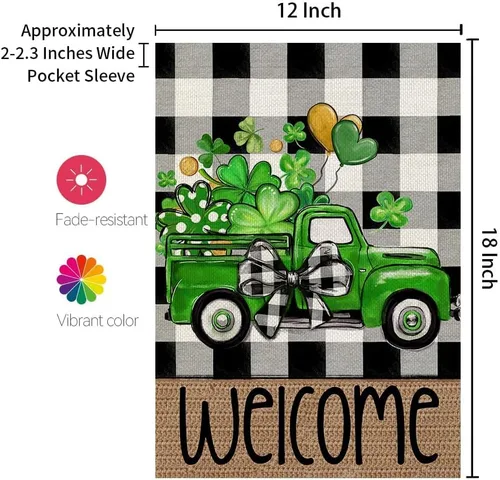 Vista 5 de CROWNED BEAUTY Bandera de jardín de tréboles del día de San Patricio, 12 x 18 pulgadas, doble cara para exteriores, pequeña arpillera, búfalo