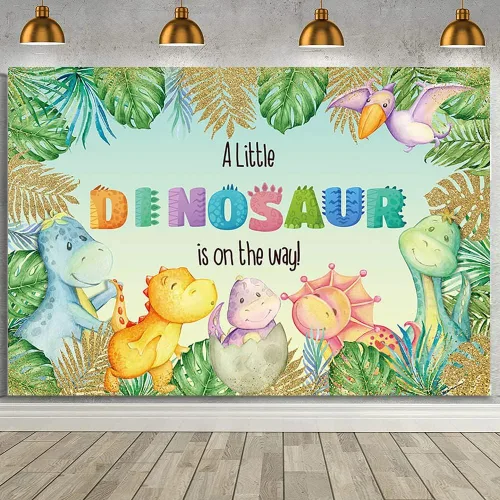 Vista 8 de MEHOFOND Fondo personalizado de dinosaurio para baby shower, de 7 x 5 pies, diseño de dinosaurio tropical, hojas de palma tropical, fondo de safari