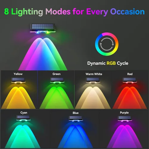 Vista 2 de TECKNET - Luces solares para valla al aire libre, paquete de 8 unidades, blanco cálido y 6 colores y RGB, luz LED impermeable IP66 para cubierta