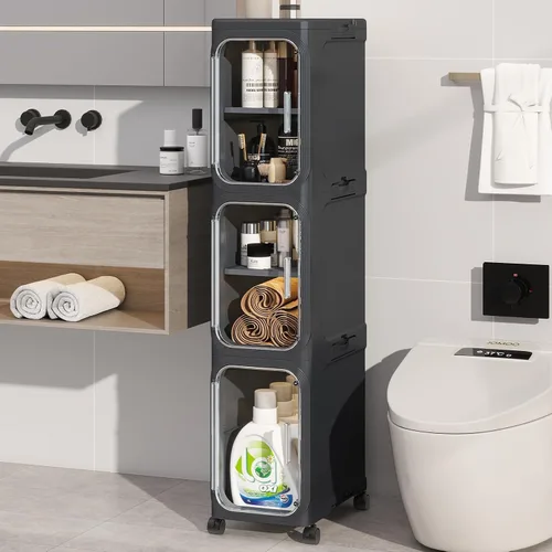 Vista 10 de KHNR Armario de almacenamiento de baño delgado de 2 niveles, gabinetes de almacenamiento plegables, almacenamiento de baño estrecho, organizador