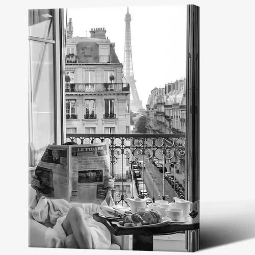 Vista 12 de Lienzo vintage con chica leyendo periódico, vista de la Torre Eiffel, arte de pared retro en blanco y negro, feminista, estética de habitación
