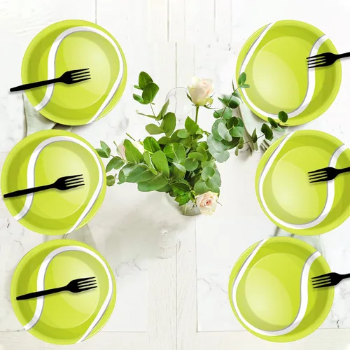 Vista 5 de Wiooffen Juego de 24 platos de papel para fiestas de tenis, juego de vajilla desechable, platos de postre para fiestas de tenis, deportes