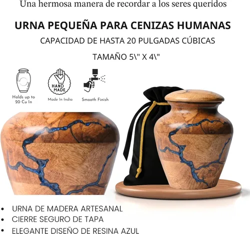 Vista 3 de Urna pequeña de recuerdo para cenizas humanas – Mini urna de madera hecha a mano (20 cu pulgadas) para compartir cenizas – Urna conmemorativa