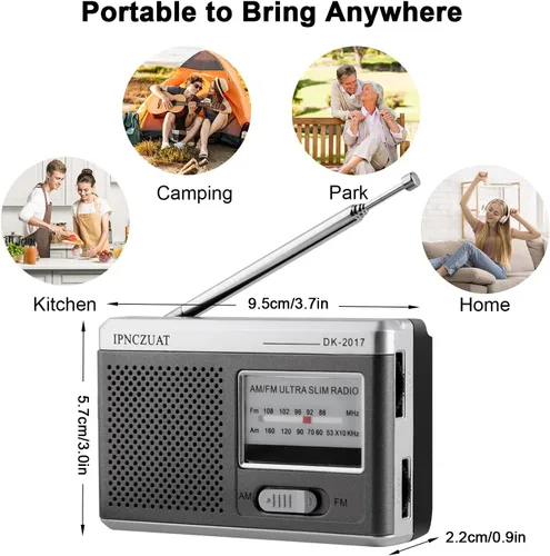 Vista 4 de DK-2017 Mini radio portátil, transistor AM FM con altavoz, conector para auriculares, batería 2AA operada, excelente recepción de largo alcance