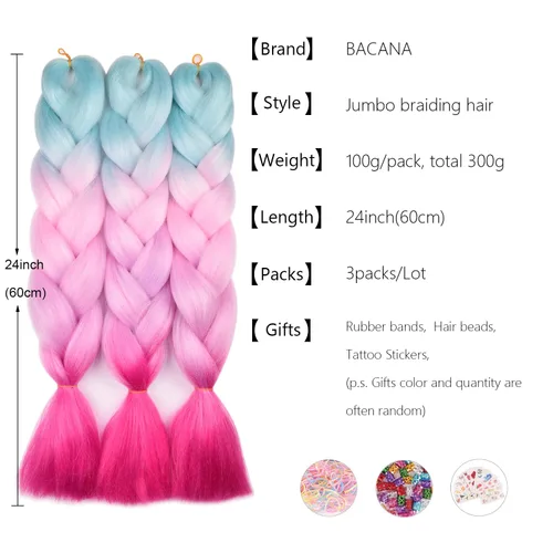Vista 2 de BACANA Extensiones de cabello para trenzar en 4 tonos, degradado verde y rosa, extensiones de cabello colorido para trenzar, trenzas para niños
