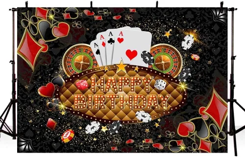 Vista 4 de AIBIIN Telón de fondo de feliz cumpleaños de 7 x 5 pies, decoración de fiesta de cumpleaños de Las Vegas, dados de Las Vegas, cartel de fiesta