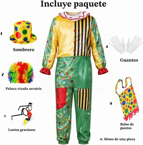 Vista 3 de Divertido disfraz de payaso, peluca, gafas, bolsa, sombrero, traje novedoso Verde