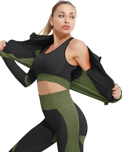 Vista 2 de Conjunto deportivo de 3 piezas para mujer, sin costuras, de manga corta, brasier deportivo, cintura alta, pantalones cortos de yoga, verde - 01