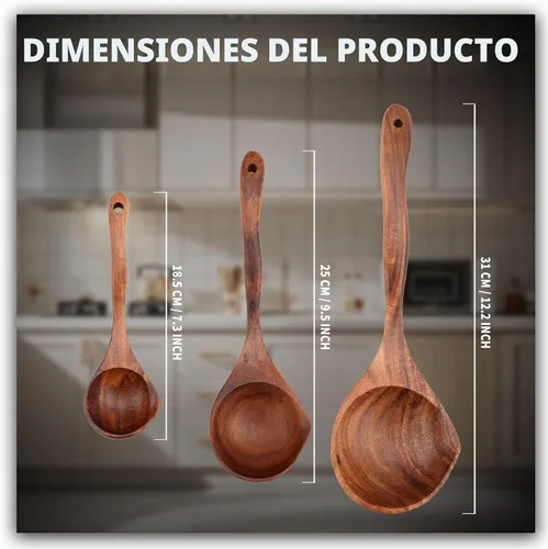 Vista 3 de Juego de 3 cucharas de madera, cucharón de sopa grande de teca natural para cocinar