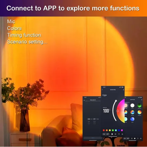 Vista 4 de Proyector de lámpara LED de puesta de sol, iluminación de estado de ánimo con cambio de 21 colores mediante aplicación y control remoto, iluminación