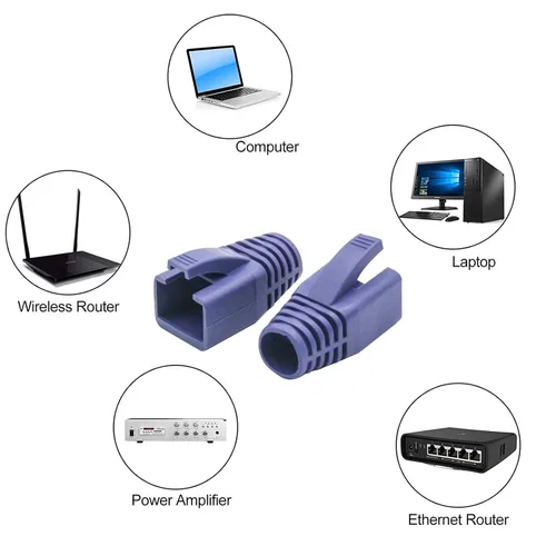Vista 4 de Cable Ethernet RJ45 de plástico blando cubierta de botas de red de alivio de tensión CAT6A CAT7 CAT8 100 unidades (morado)