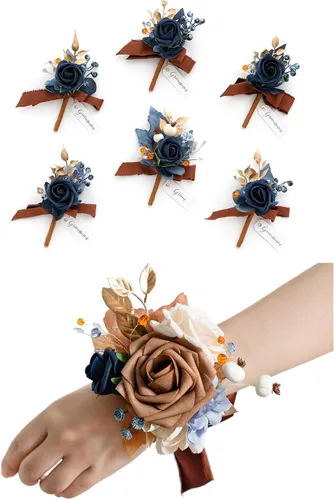 Vista 12 de Ling's Moment Paquetes de flores de boda prearreglados en azul polvoriento y azul marino, paquete de boutonnieres y ramilletes de muñeca