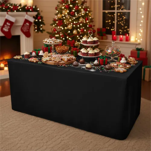 Vista 4 de Surmente - Manteles negros para mesas rectangulares de 6 pies, 30 x 72 pulgadas Protector de mesa ajustado, sin arrugas, tela de poliéster