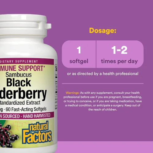 Vista 3 de Natural Factors Sambucus Extracto estandarizado de saúco negro, apoya el sistema inmunológico y la salud respiratoria, saúco negro europeo