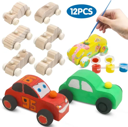 Vista 2 de WANTKA Coches de madera sin terminar, manualidades de madera, kit de madera para estudiantes, actividades familiares, kit de manualidades para niños