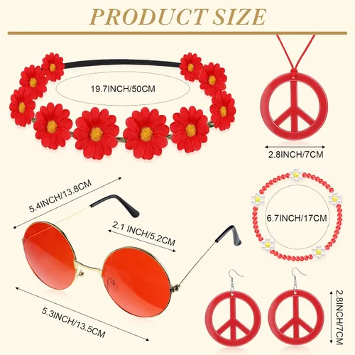 Vista 2 de Juego de 6 accesorios de disfraz hippie bohemio, letrero de la paz, margarita, flor de los años 60 y 70, decoraciones para fiestas geniales