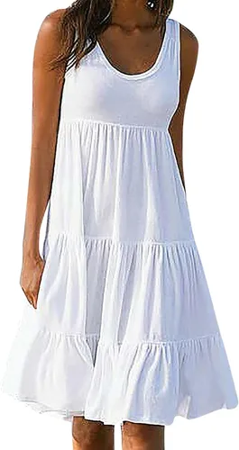 Vista 2 de Lisgai Vestido de verano para mujer, sin mangas, acampanado, cuello redondo, mini vestido liso, degradado, suelto, corto, plisado, vestido de verano