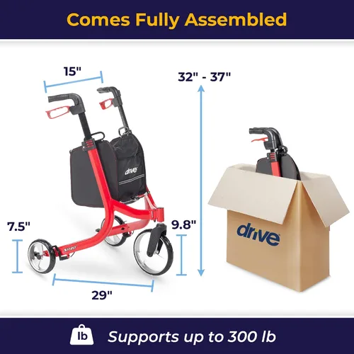 Vista 4 de Drive Medical Nitro - Andador con ruedas de 3 ruedas, ultraligero con ruedas, rodillo plegable para personas mayores y adultos, color rojo