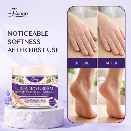 Vista 7 de FIVONA Crema para pies 40% urea para talones secos agrietados, crema suavizante de callos extra fuerte con ácido salicílico al 2%, árbol de té
