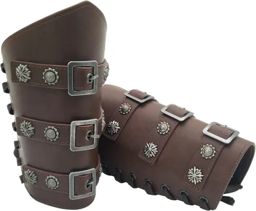 Vista 4 de Brazaletes medievales con hebilla, cinturón de cuero para adultos, pulsera de guantelete vikingo, armadura de brazo, armadura punk, gótico, disfraz