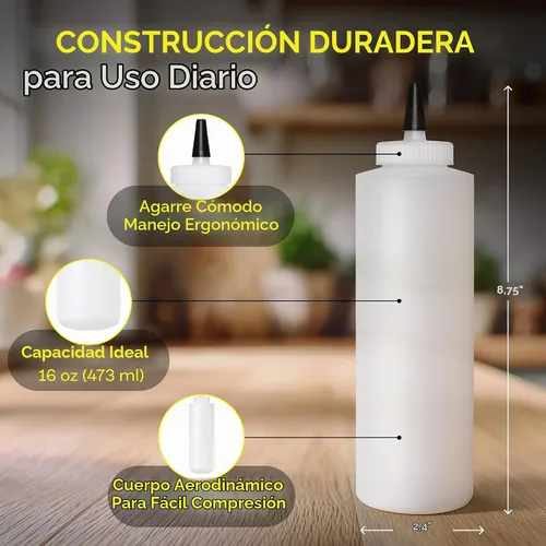 Vista 2 de BRIGHTFROM Botellas exprimibles de condimentos de 16 onzas de cuello ancho, botellas vacías para chorros – Tapa superior extraíble, a prueba