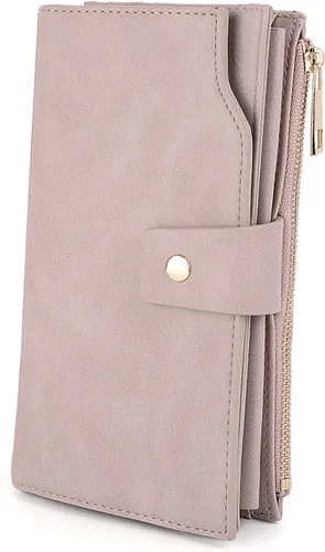 Vista 12 de UTO Cartera de cuero vegano para mujer, cartera larga con broche de presión, tarjetero de crédito, elegante embrague 0153 Gris