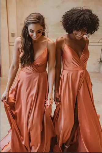 Vista 5 de TANPAUL Vestido de graduación con cuello en V, tirantes delgados, vestido largo formal de satén con abertura en línea A