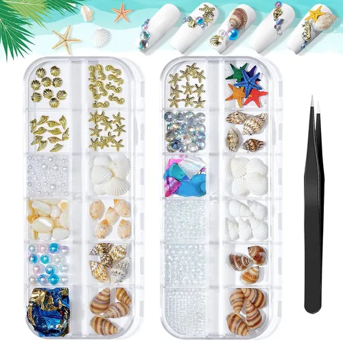 Vista 9 de Diamantes de imitación para uñas de playa de verano, diseño de concha y remaches con diseño de estrella de mar, diseño de concha y remaches