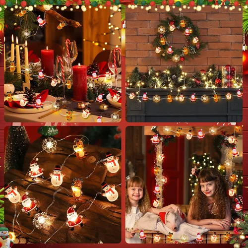 Vista 7 de [Temporizador] Luces de Navidad a pilas de 10 pies de Papá Noel, alce, copo de nieve, luces para decoración de árboles en interiores y exteriores