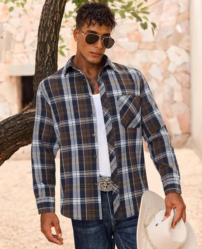 Vista 2 de Lion Nardo Camisas de Franela a Cuadros para Hombre de Manga Larga Camisas de Vestir para Hombre Casuales con Botones Abajo Tallas Grandes