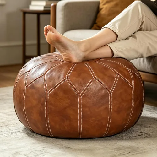 Vista 9 de Thgonwid Funda redonda sin relleno, otomana de almacenamiento de piel sintética, taburete marroquí bohemio, decoración multiusos para el hogar, sala