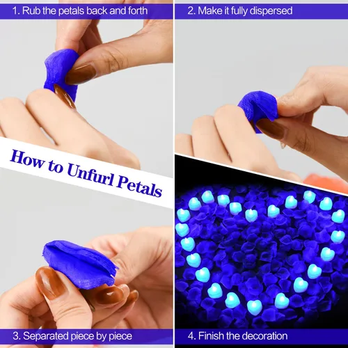 Vista 6 de KOABY 1000 piezas pétalos de rosa artificiales azules con kit de 12 luces LED azules de té, para decoración