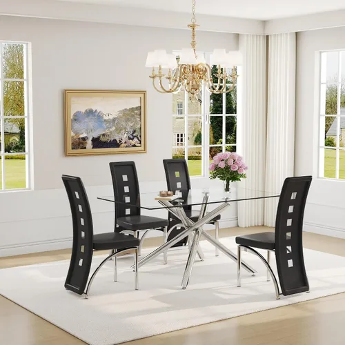Vista 30 de Juego de mesa de comedor moderna para mesa de comedor negra de 4,63 pulgadas, juego de 4 con patas de metal dorado, mesa de cocina rectangular