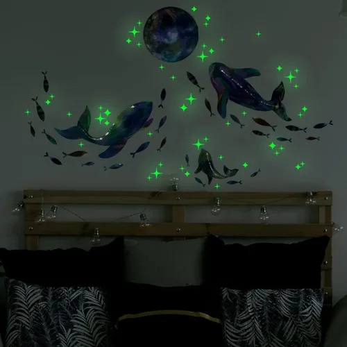 Vista 4 de Calcomanías de pared que brillan en la oscuridad del océano deslumbrante ballena, pez estrella, decoración de la habitación del bebé, decoración