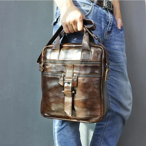 Vista 3 de Bolso de hombro de cuero genuino para hombres, bandolera ajustable con caja de regalo